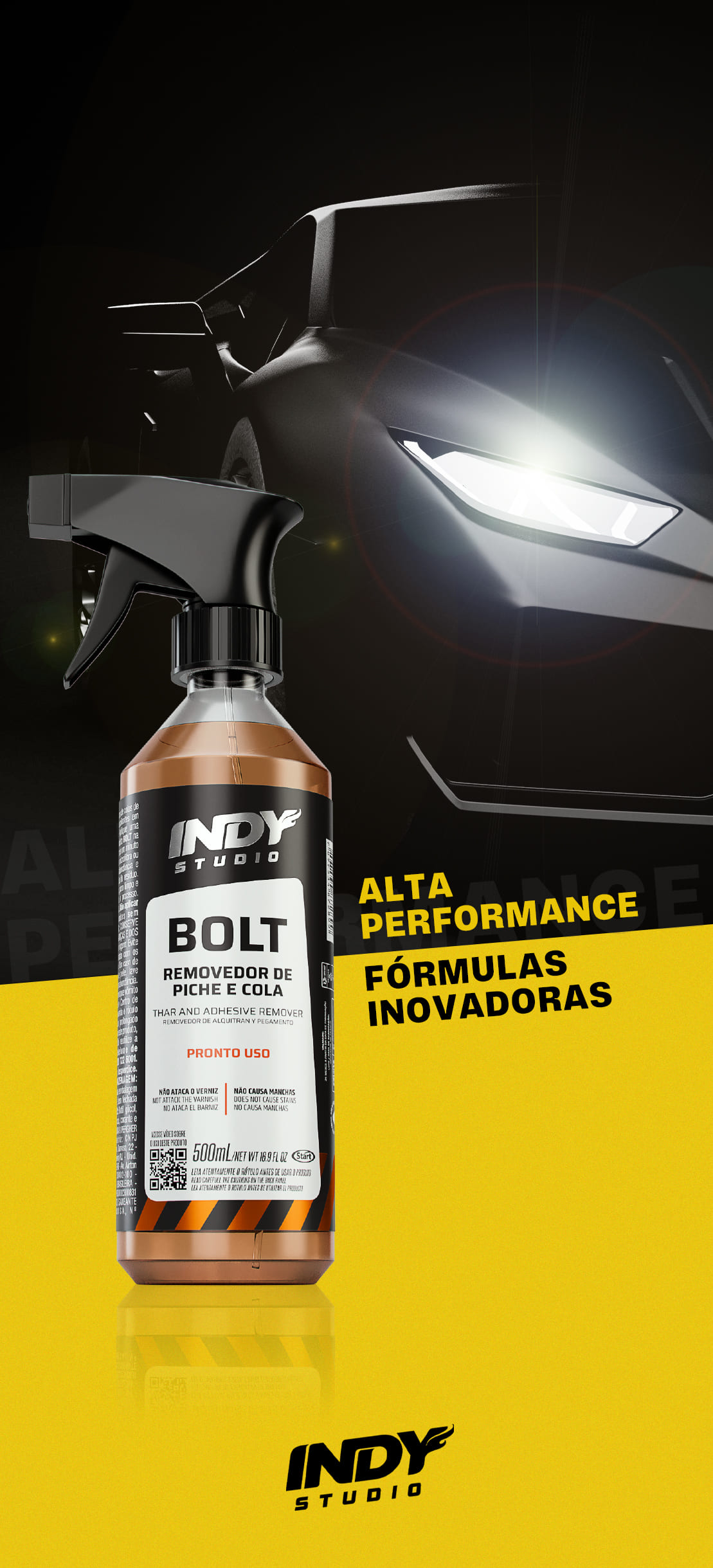 Frasco borrifador do removedor Bolt Indy Studio sobre fundo amarelo, com silhueta de superesportivo escuro e farol aceso ao fundo.